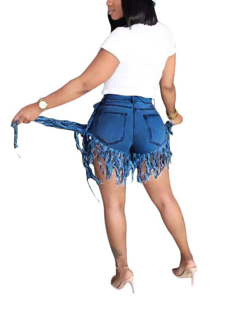 SIAEAMRG Jean Shorts for Women Juniors, Summer High Waisted Stretchy Frayed Raw Hem Tassels Denim Shorts (Side-Blue, XL) - Image 3